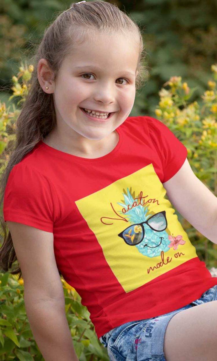 happy little girl in a red Vacation mode on tshirt