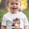 adorable Little boy outdoors in a white tshirt with a little pony sitting down.