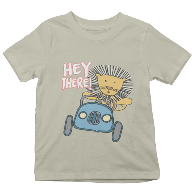 Grey tshirt with Lion driving saying Hey there!