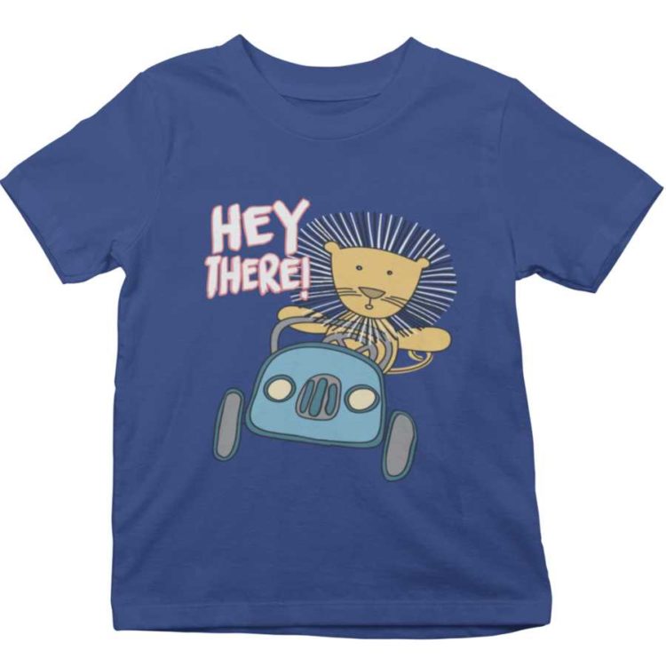 deep blue tshirt with Lion driving saying Hey there!