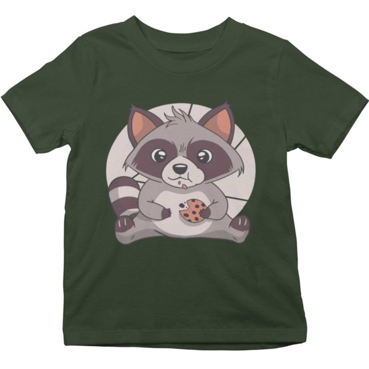 Olive green tshirt with a cute raccoon eating a cookie