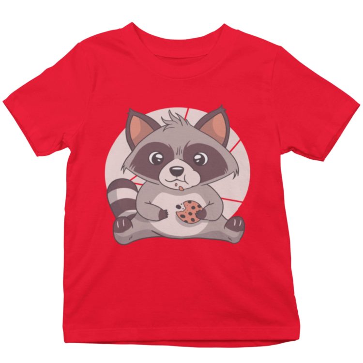 Red tshirt with a cute raccoon eating a cookie