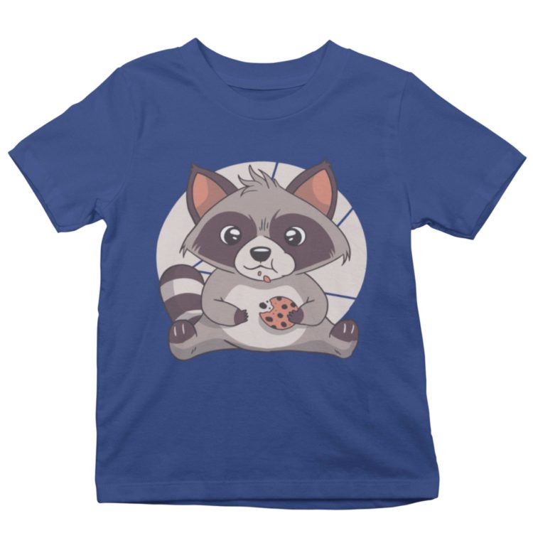 deep blue tshirt with a cute raccoon eating a cookie