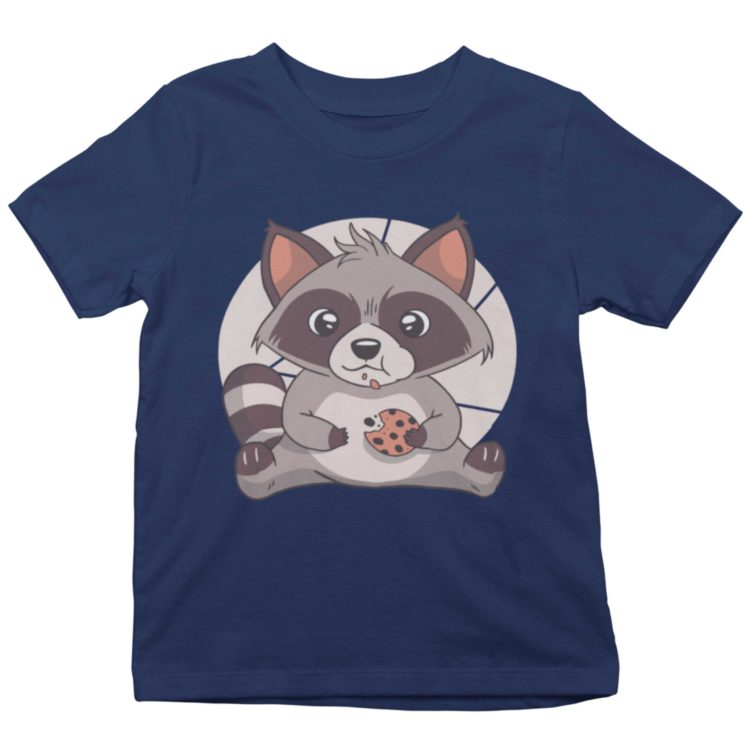 navy blue tshirt with a cute raccoon eating a cookie