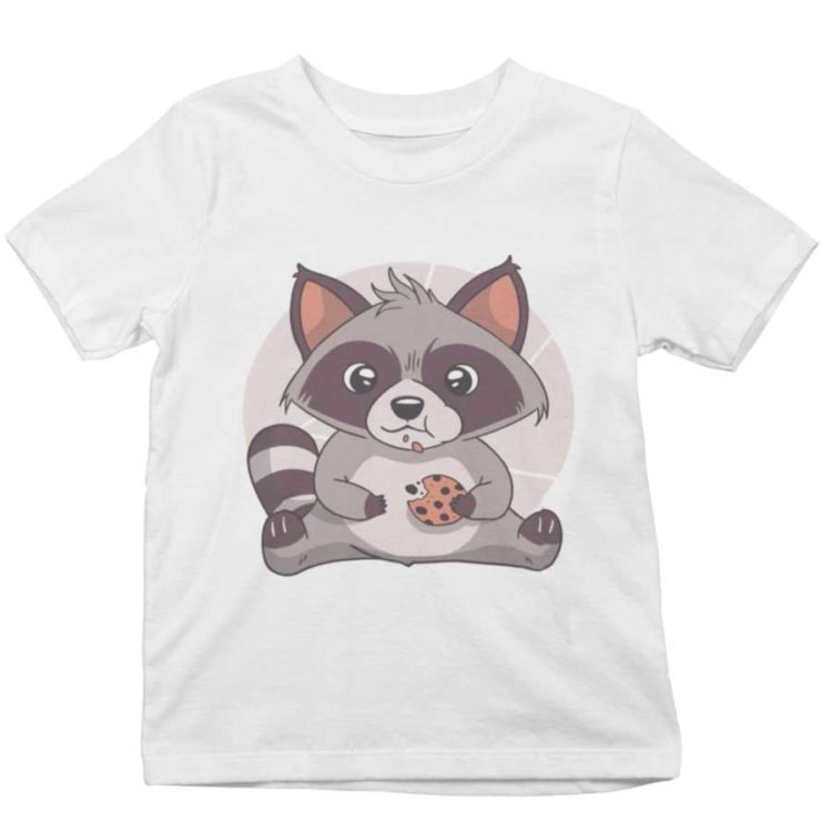 white tshirt with a cute raccoon eating a cookie