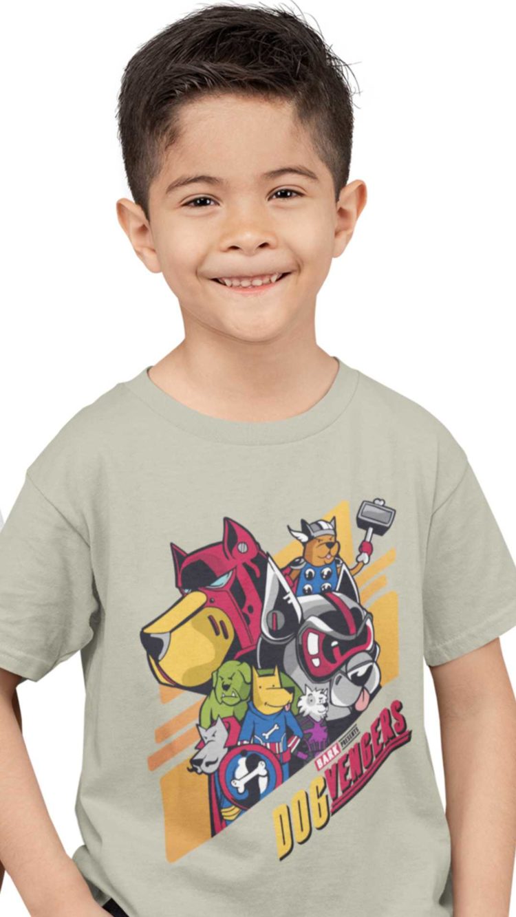 Charming little boy in a grey DOGVENGERS Tshirt