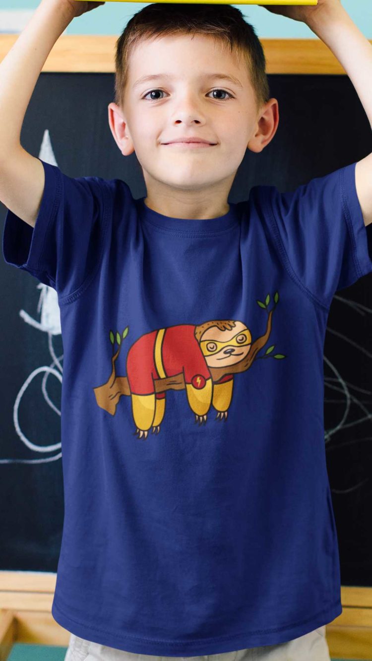 Charming boy in a deep blue Superhero Sloth Tshirt