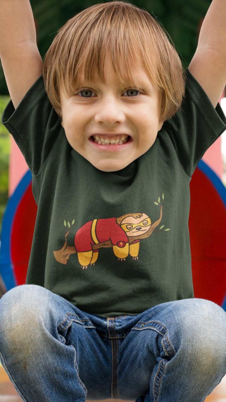 little boy playing in a grey Superhero Sloth Tshirt
