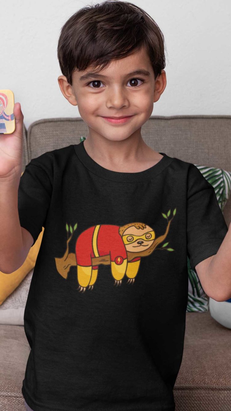 smart little boy in a black Superhero Sloth Tshirt