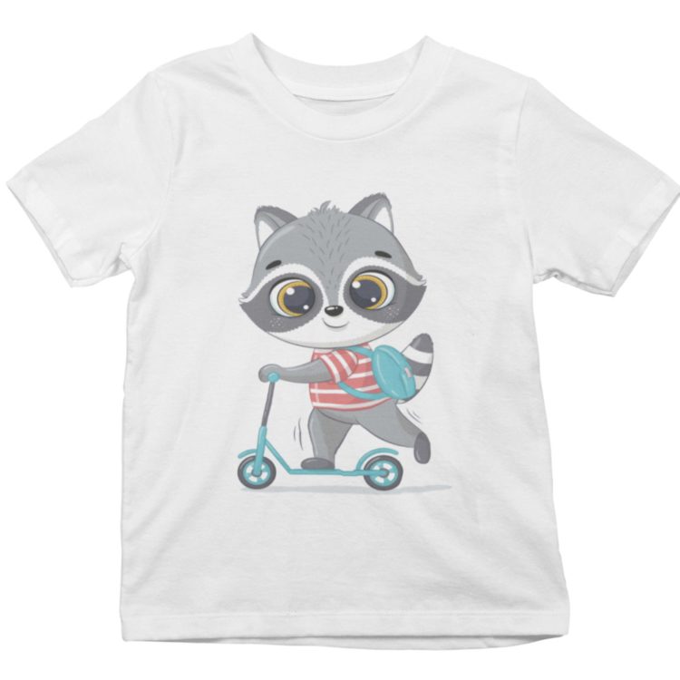 White Tshirt with a cute raccoon riding a scooter