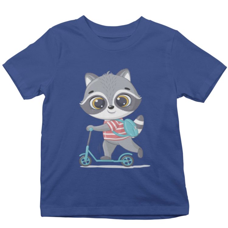 deep blue Tshirt with a cute raccoon riding a scooter