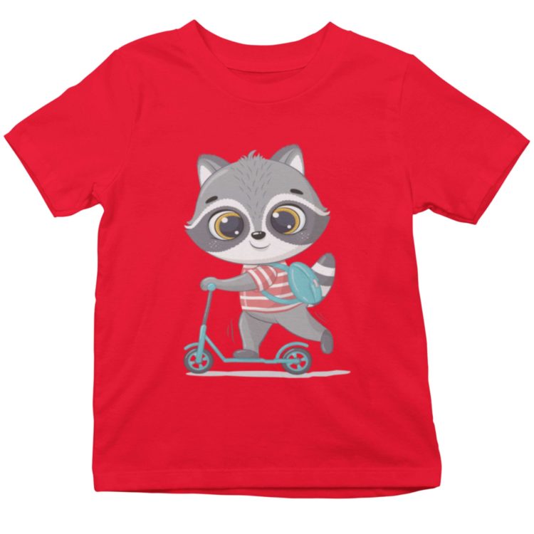 red Tshirt with a cute raccoon riding a scooter