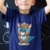 cool boy in a deep blue bear superhero tshirt