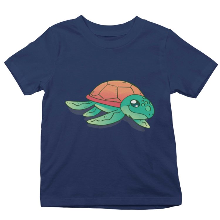 happy boy in a Grey Tshirt with a Turtle Swimming