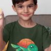 cheerful boy in an olive green Tshirt with a Turtle Swimming