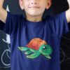 smart boy in a deep blue Tshirt with a Turtle Swimming
