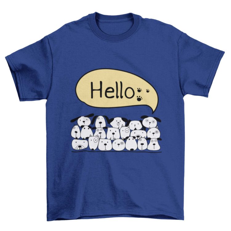 Deep Blue Tshirt with Dogs Saying Hello