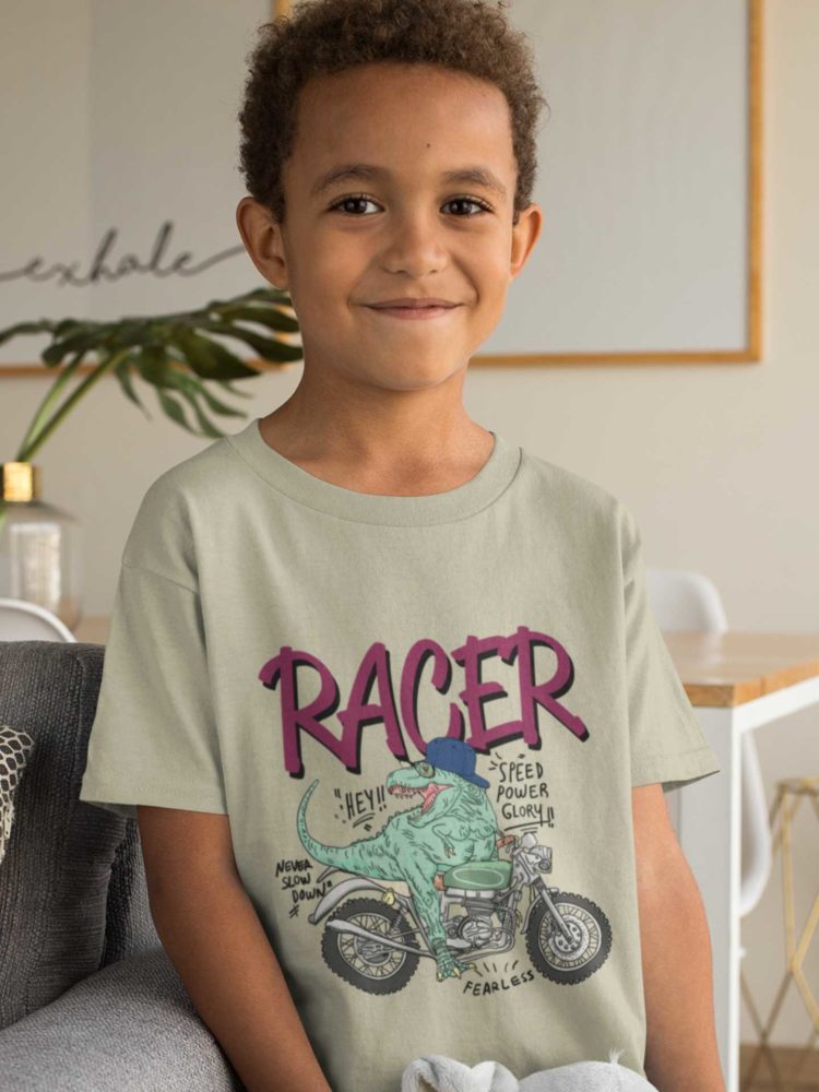 Cool Boy In A Dino Racer Grey Tshirt
