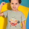 Cute Boy In A Grey Cartoon Stop Sign Tshirt