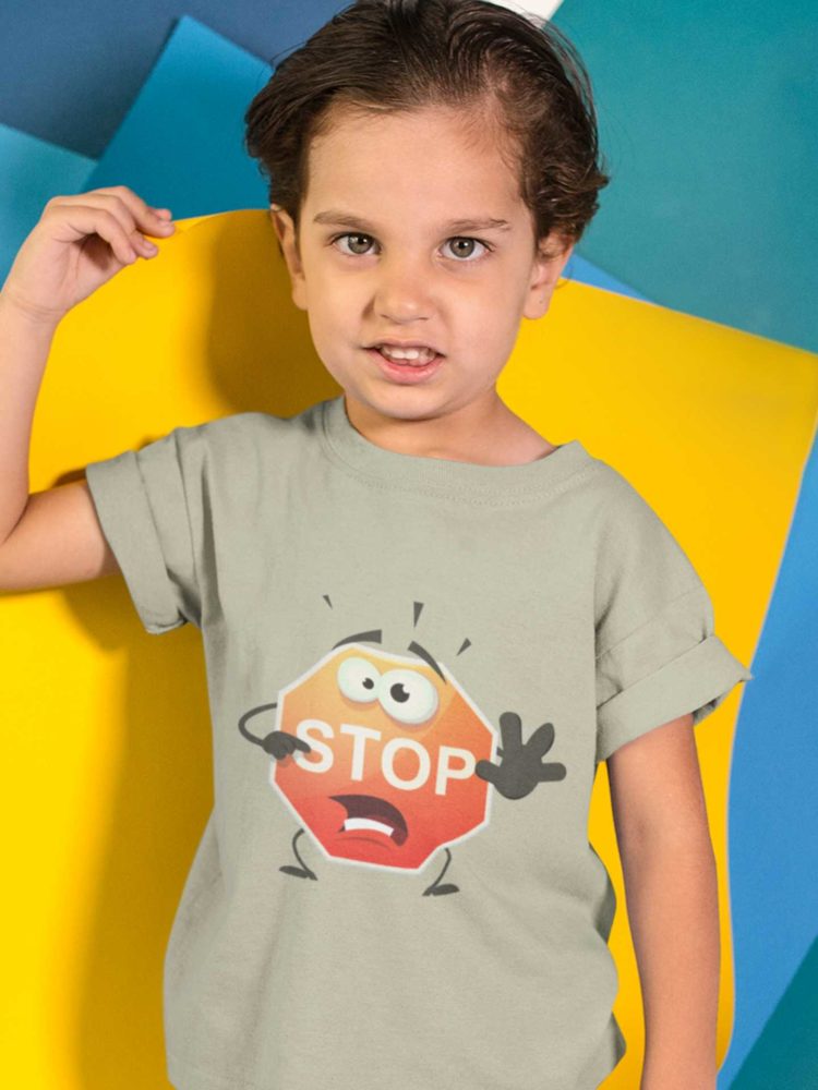 Cute Boy In A Grey Cartoon Stop Sign Tshirt