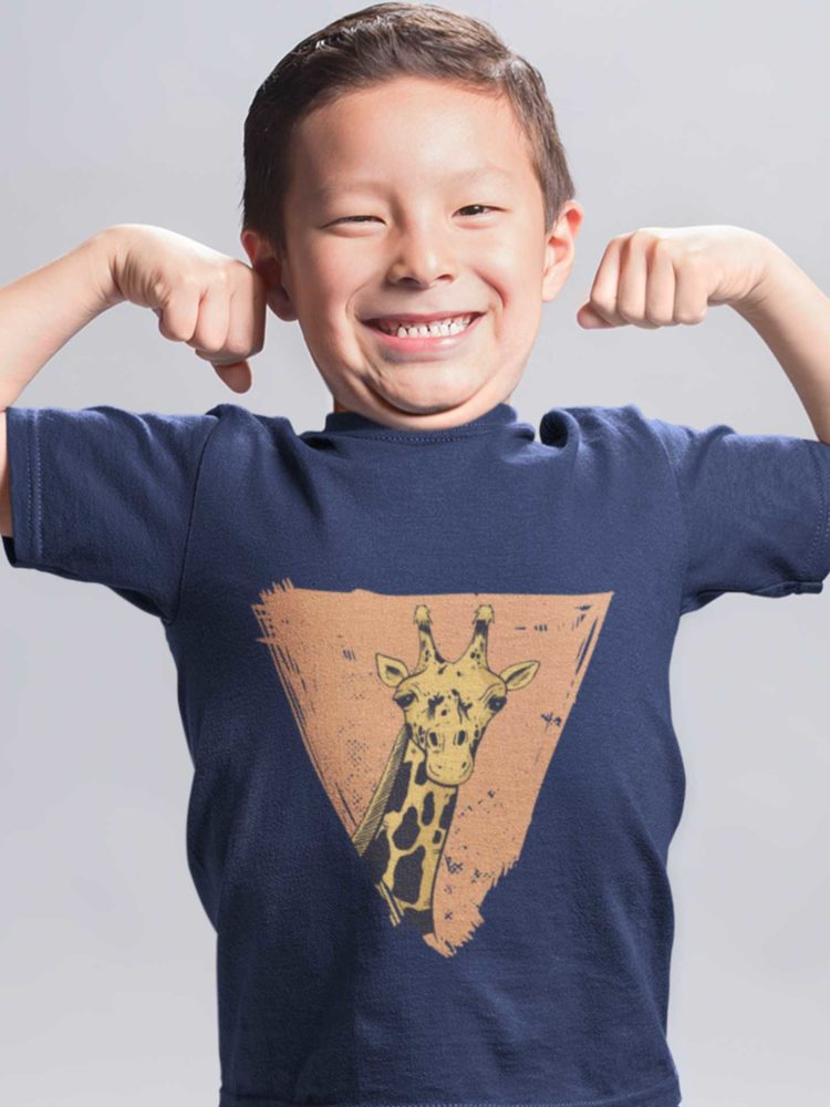 Cheerful Boy In A Navy Blue Tshirt With A Giraffe In A Triangle design