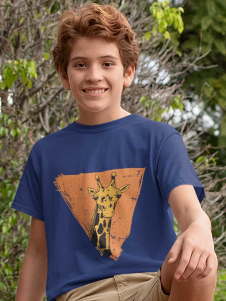 Cool Boy In A Deep Blue Tshirt With A Giraffe In A Triangle design