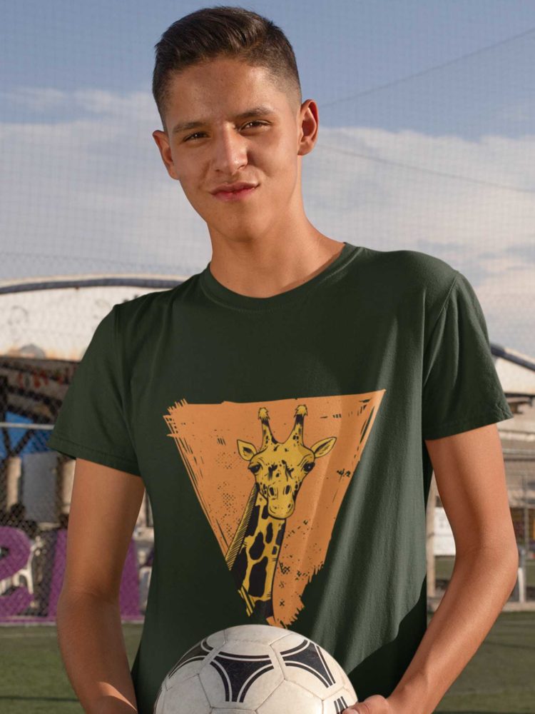 Sporty Boy In An Olive Green Tshirt With A Giraffe In A Triangle design