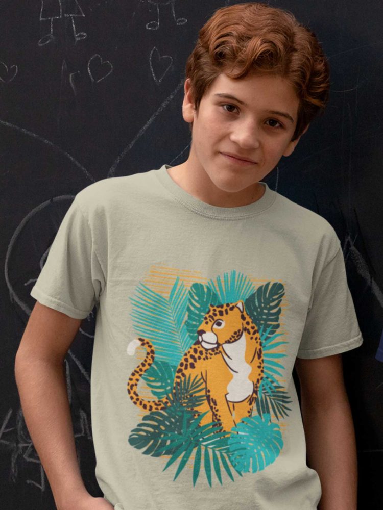 Cool Boy In A Grey Tshirt With A Cheetah