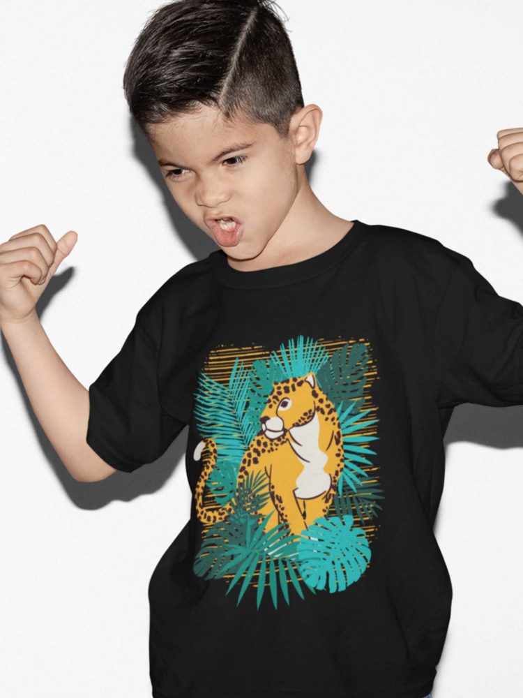Enthusiastic Boy In A Black Tshirt With A Cheetah