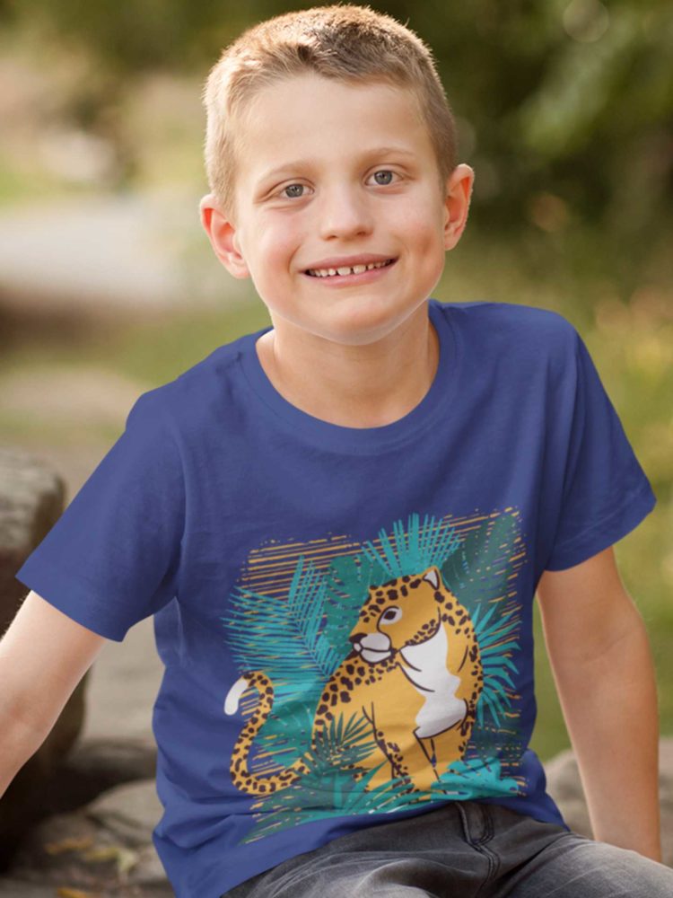 Handsome Boy In A Deep Blue Tshirt With A Cheetah