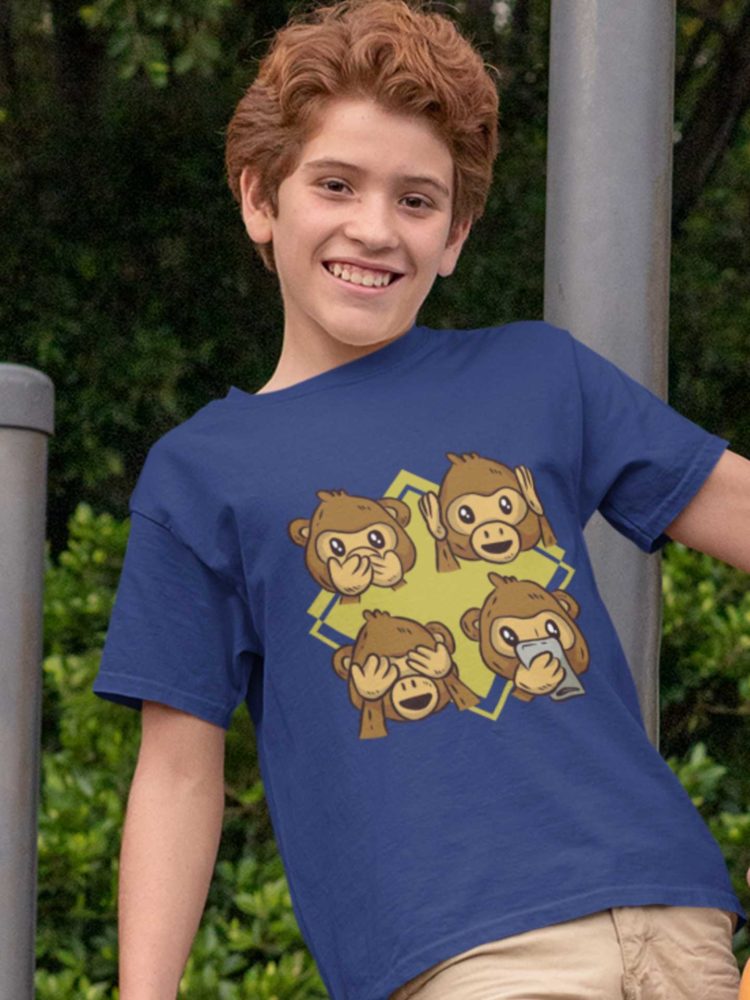 Smart Boy In A Deep Blue Tshirt With 4 Monkeys
