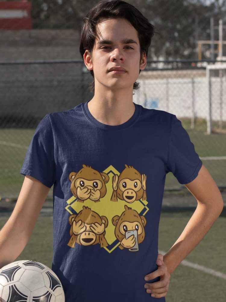 Sporty Boy In A Navy Blue Tshirt With 4 Monkeys