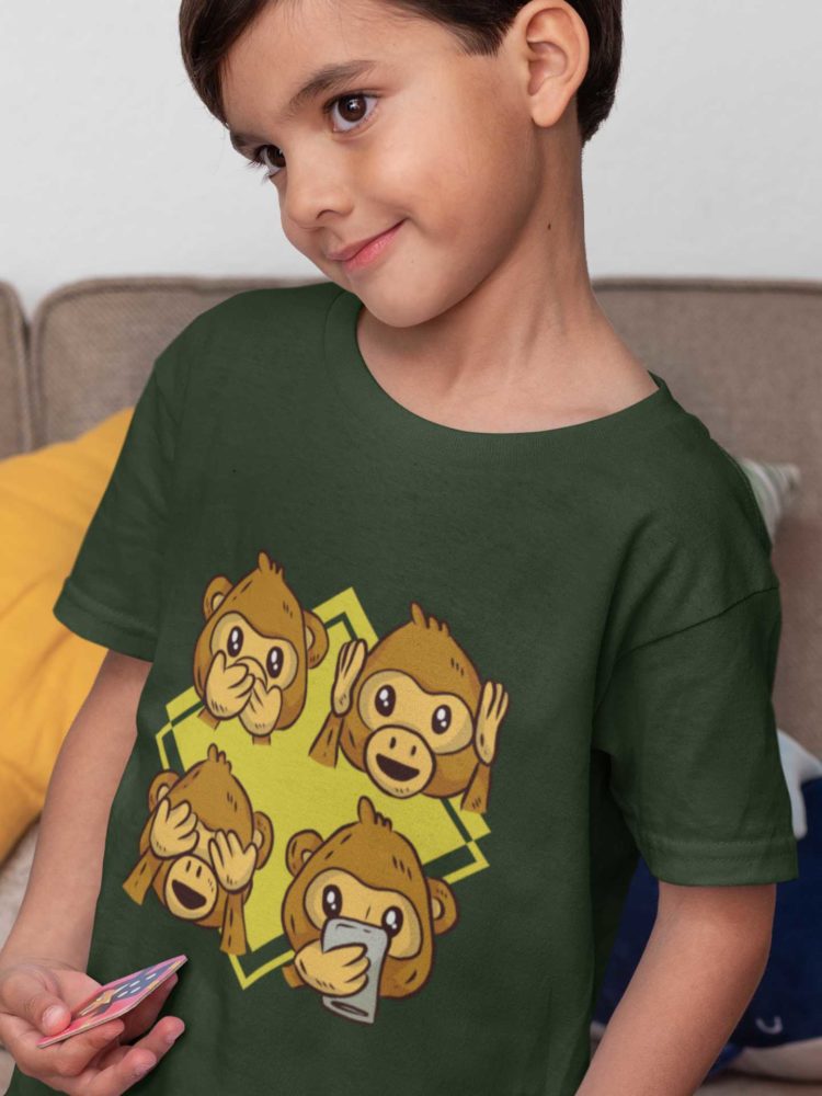 Sweet Boy In An Olive Green Tshirt With 4 Monkeys