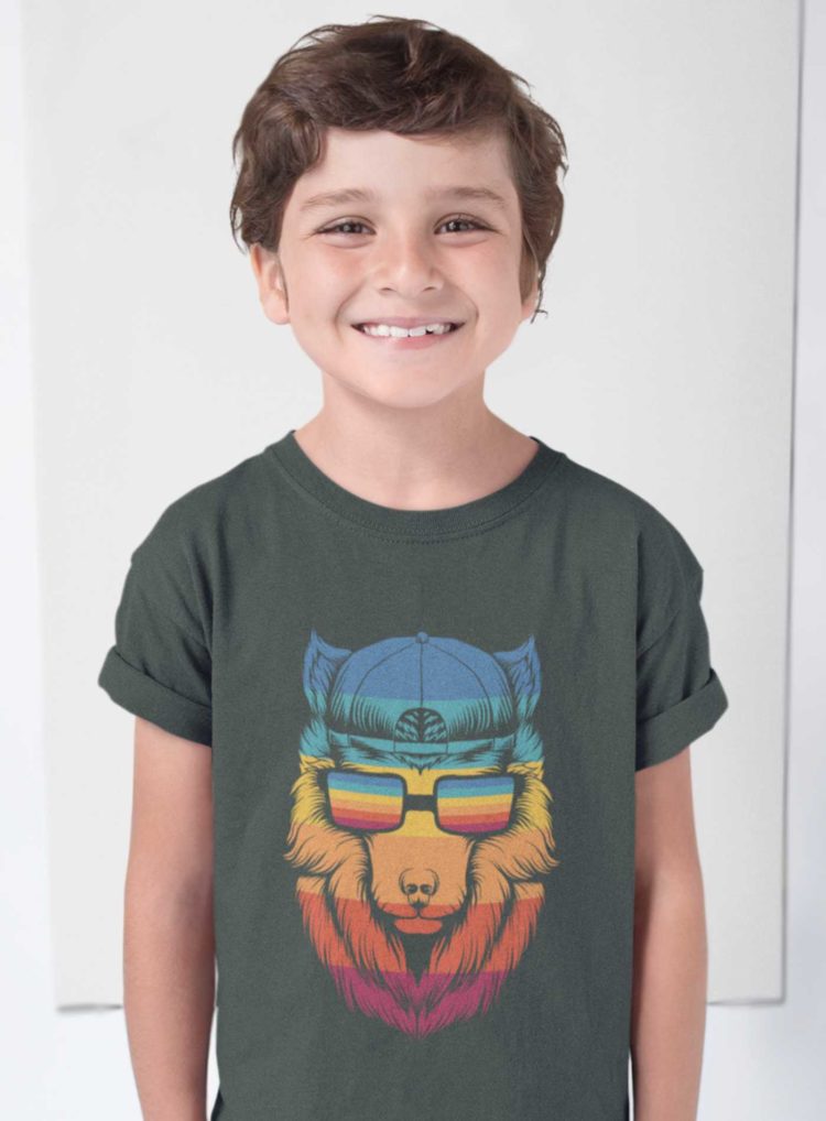 Smiling Boy In An Olive Green Tshirt With A Cool Wolf
