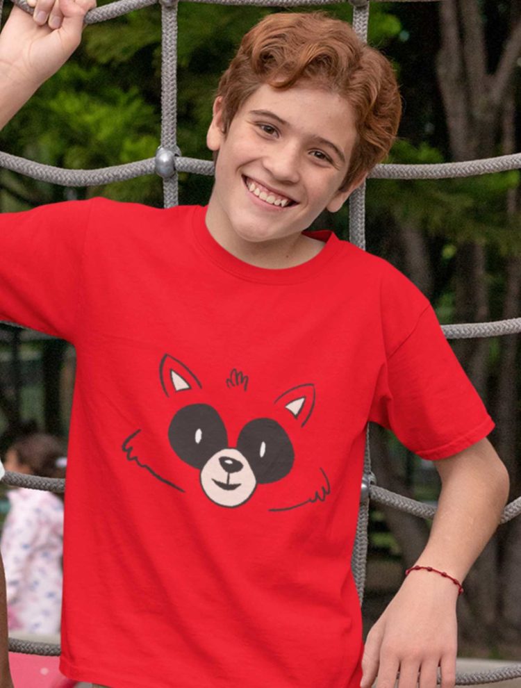 Handsome Boy In A Red Raccoon face Tshirt