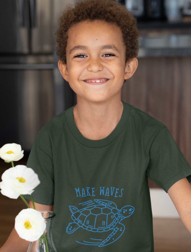 Adorable Boy In An Olive Green Make Waves Tshirt