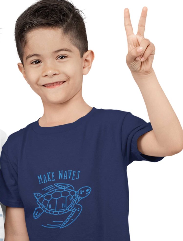 Cheerful Boy In A Navy Blue Make Waves Tshirt