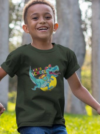 6S1294 Boy Jumping Wearing A Dinosaur Back To School Olive Green Tshirt
