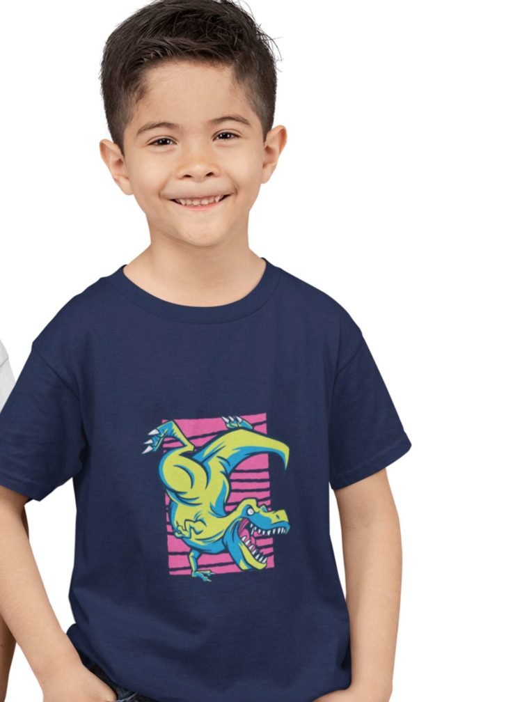 Cute Boy In A Navy Blue Tshirt With A Dinosaur D