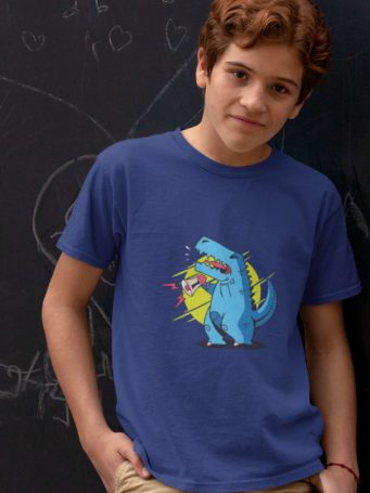 6S1299 Handsome Boy In A Deep Blue Tshirt with A T-Rex holding A Loudspeaker