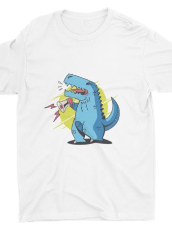 White Tshirt with A T-Rex holding A Loudspeaker