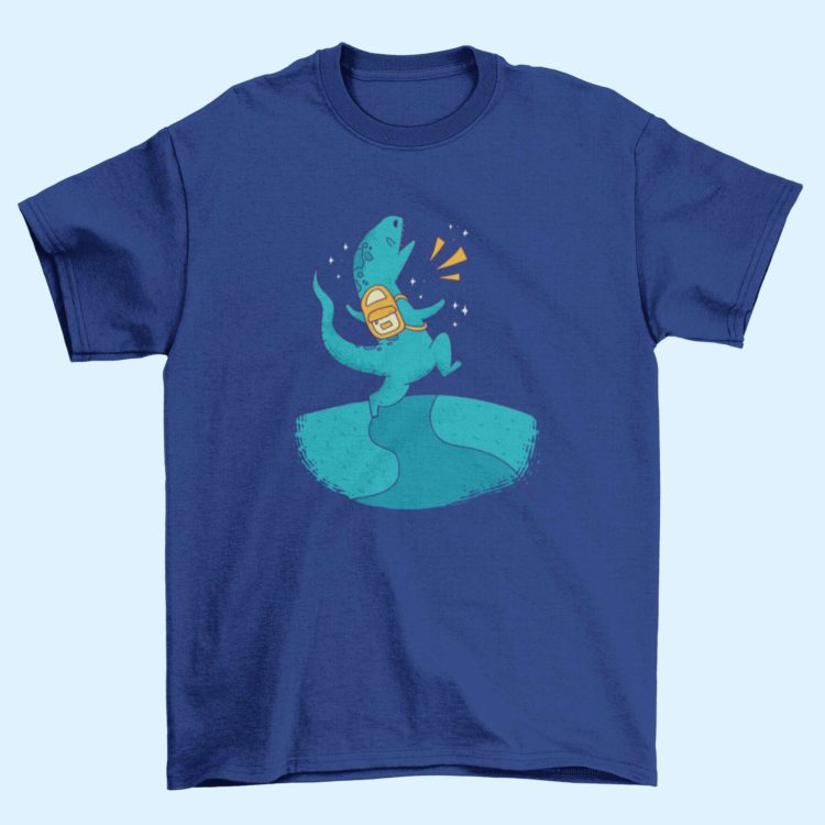 deep blue tshirt with a dinosaur wearing a backpack