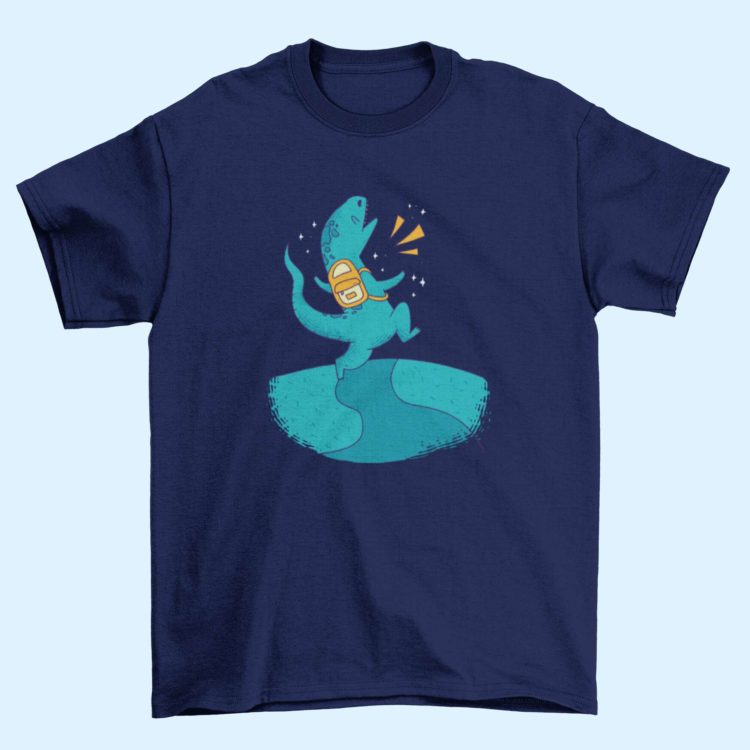 navy blue tshirt with a dinosaur wearing a backpack