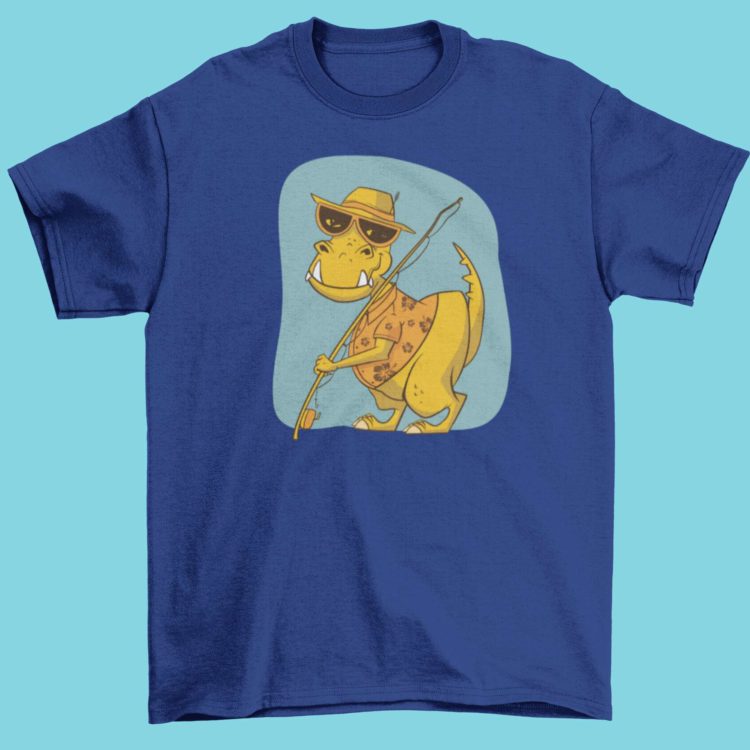 Deep blue tshirt with Dinosaur holding a fishing rod