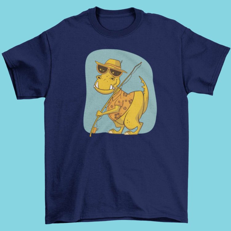 Navy blue tshirt with Dinosaur holding a fishing rod