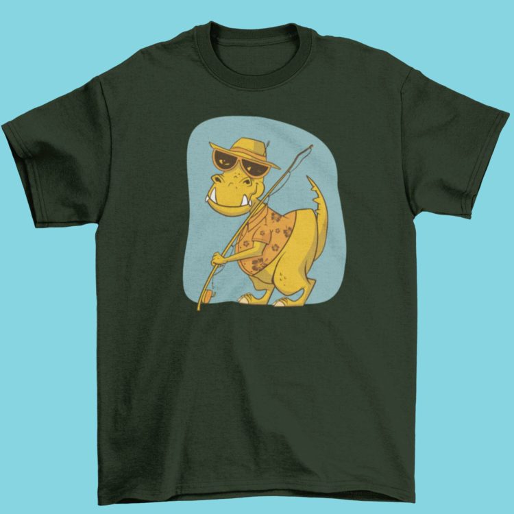 Olive green tshirt with Dinosaur holding a fishing rod