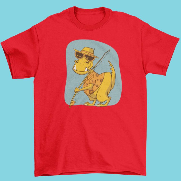 Red tshirt with Dinosaur holding a fishing rod