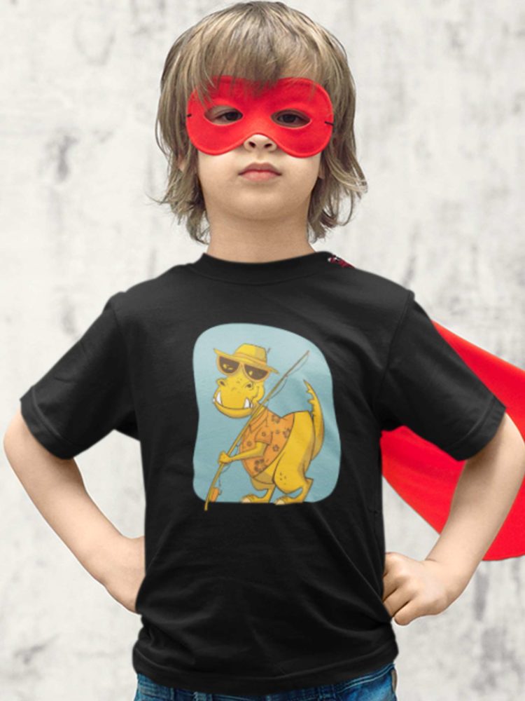 superhero boy in a black tshirt with Dinosaur holding a fishing rod
