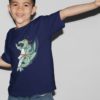 Cool Boy In A Navy Blue Tshirt with a Dinosaur doing Karate