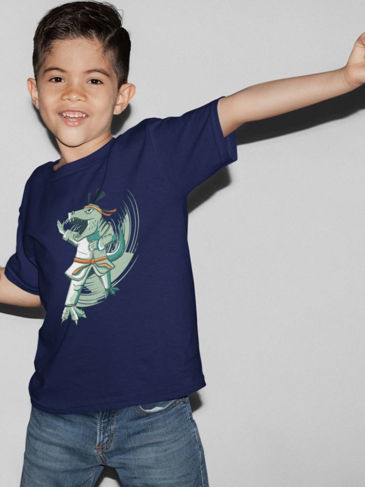 Cool Boy In A Navy Blue Tshirt with a Dinosaur doing Karate